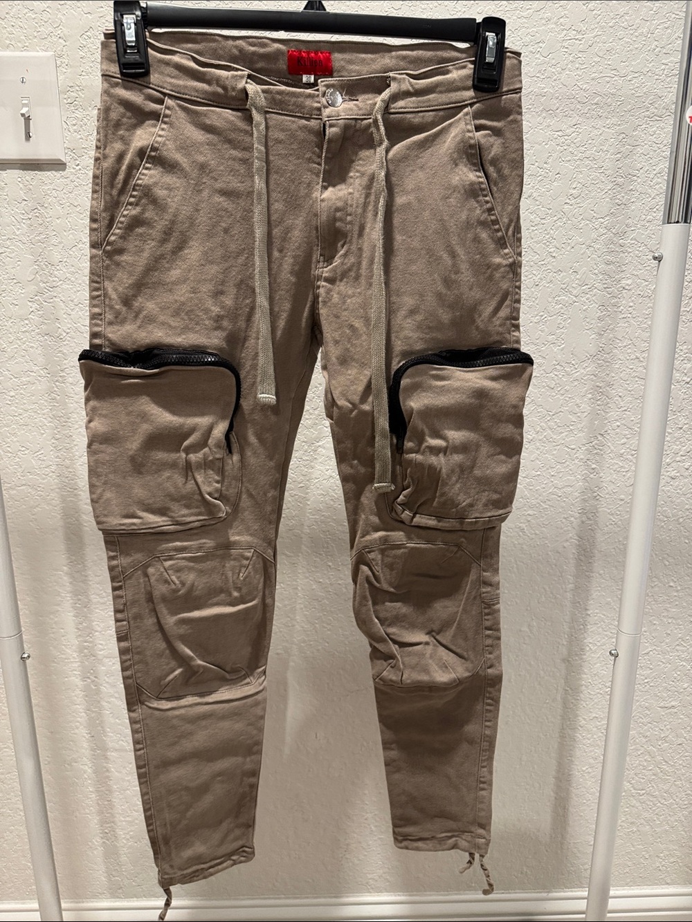 Killion Men's Cargo Drawstring Pants in Taupe with Zippered Pockets